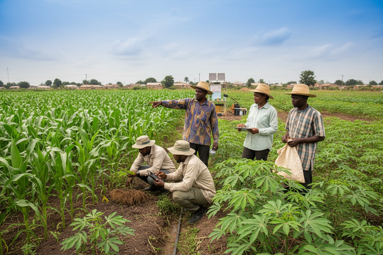 A group of farmers in straw hats inspects crops in a field while using digital tablets.